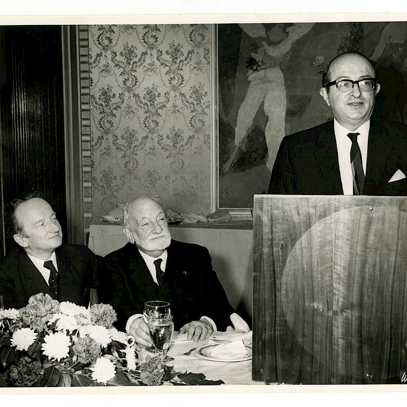 Ben (left) and Rene Cassin, a Nobel Peace Prize winner, watching Marc Schreiber, March 5, 1970
