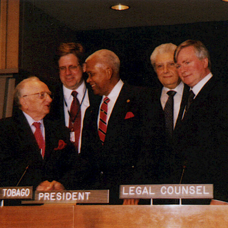 ICC Ratification Ceremony: Ben Ferencz with Bill Pace, and President Robinson Bassiouni, April 2002