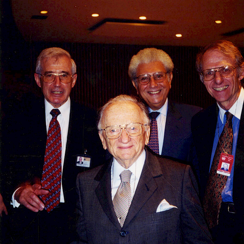 ICC Ratification Ceremony, "Gang of Four": Roger Clark, Otto Trifterrer, Cherif Bassiouni, and Ben Ferencz, July 2002