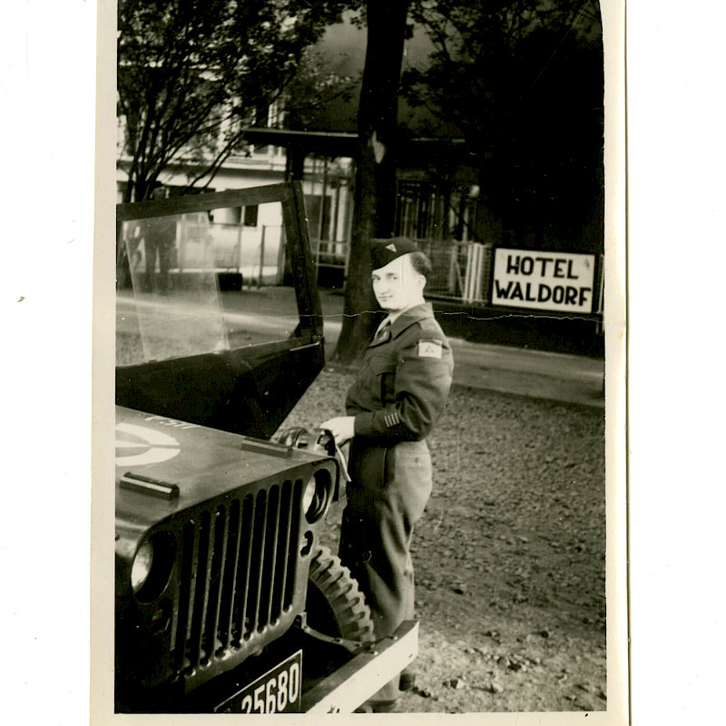 Ben next to the Hotel Waldorf during World War II, unknown date (1940's)