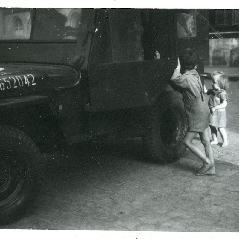 En route to Nuremberg, kids playing with jeep, May 1947