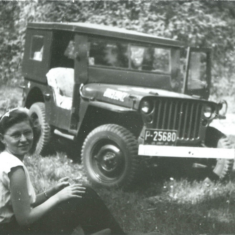 Gertrude by the jeep, en route to Nuremberg, May 1947
