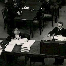Ben at the podium during the Einsatzgruppen case, September 29, 1947